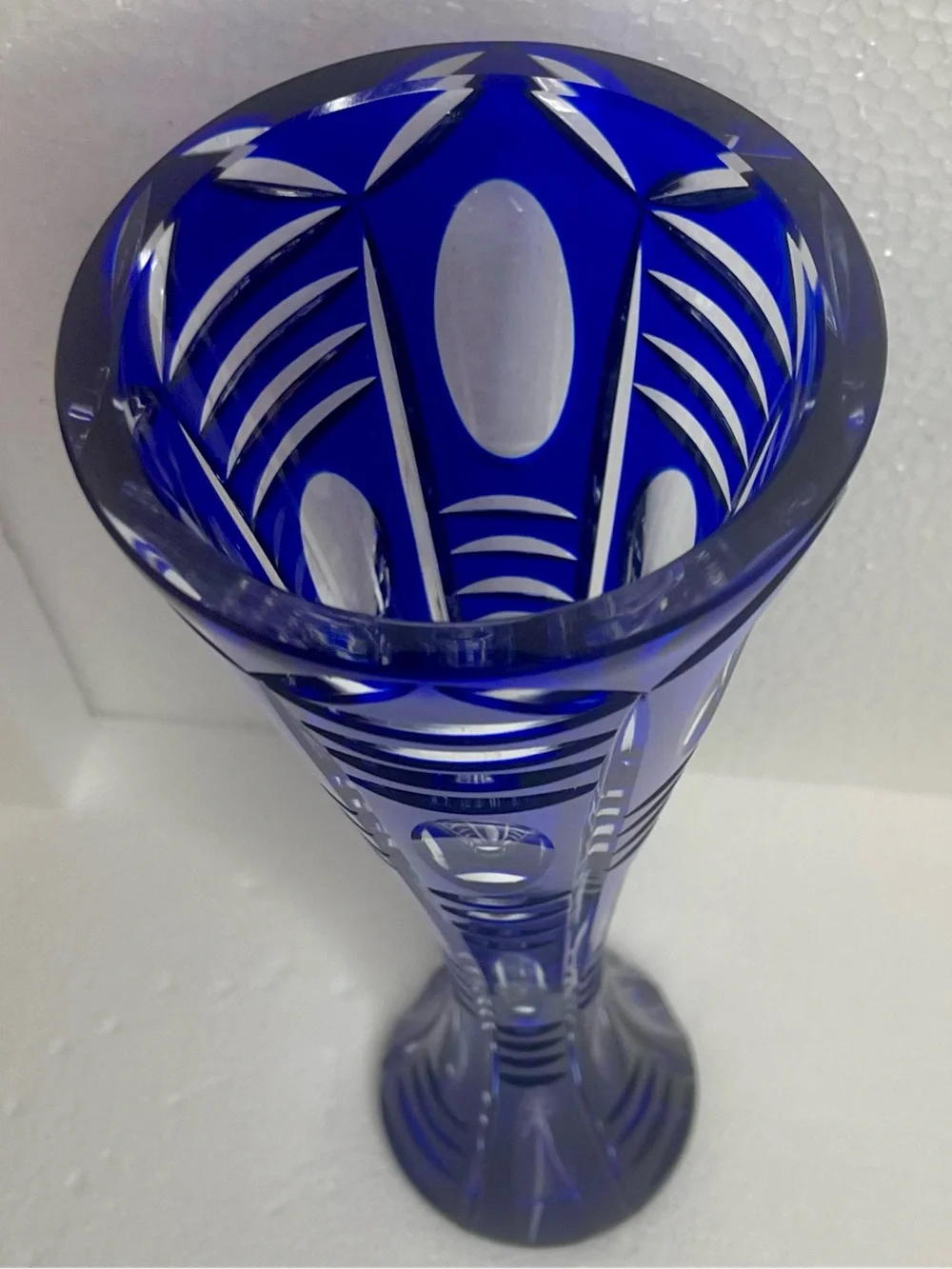 Vintage Cobalt Blue Cut Crystal Vase 12” Pedestal Geometric Art Glass Heavy Read